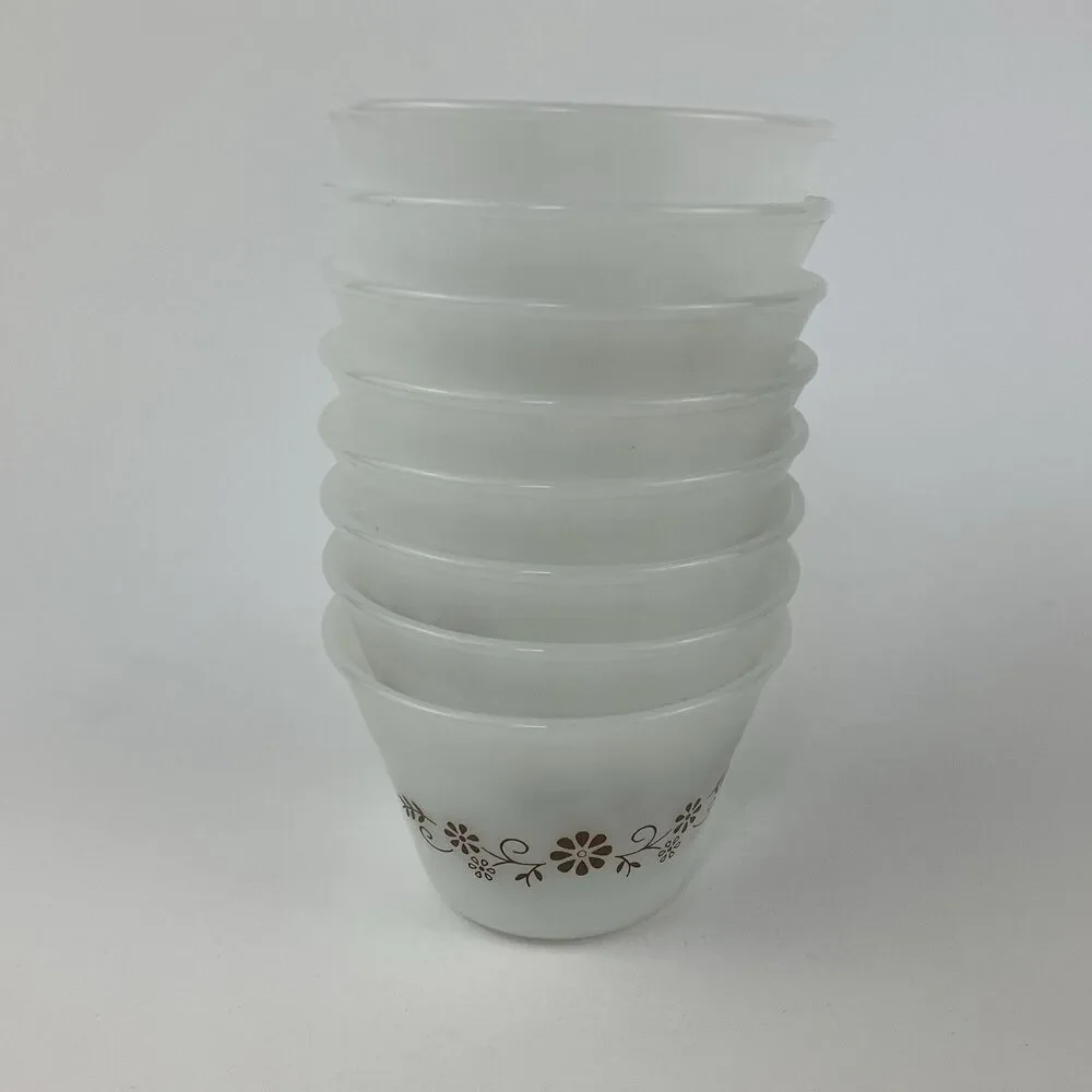 Dynaware Pyr-O-Rey Milk glass Brown Daisy Dishes Full Set of 12 1960s VTG Rare